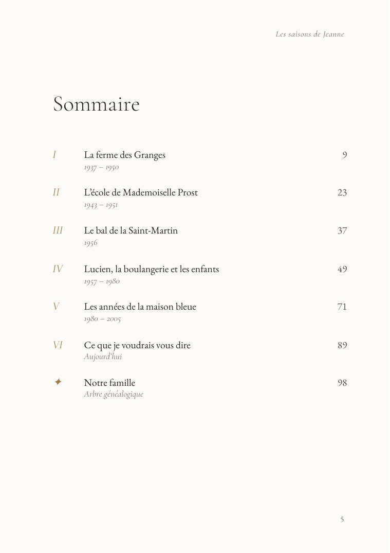 Page de sommaire en six chapitres