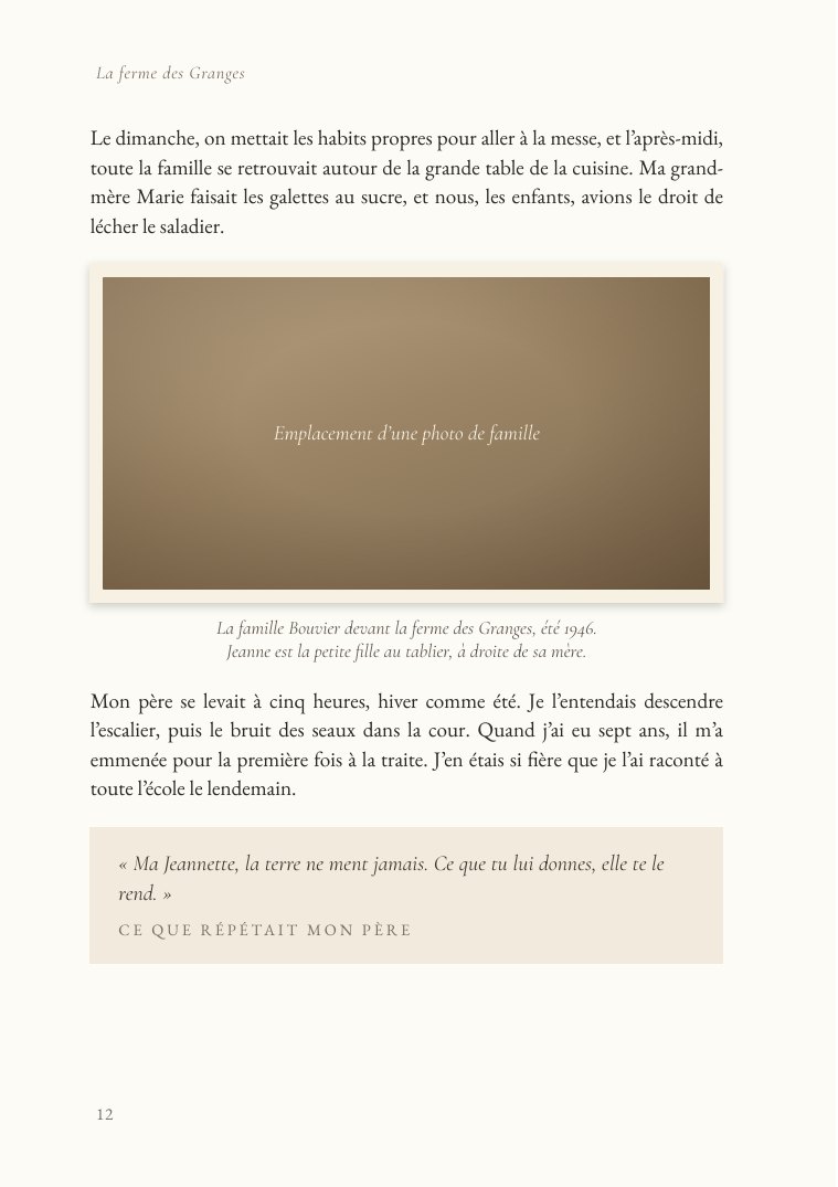 Page de texte avec photo de famille et encadré